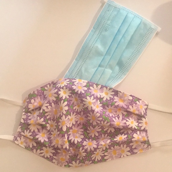 2 Face Masks REVERSIBLE Boho Floral Green & Purple - Picture 7 of 11